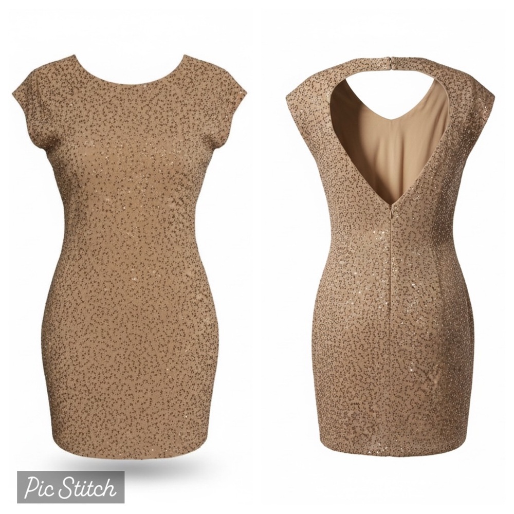 ❤️💫BEBE Women’s Tan Champagne Y2K Beaded Embellished Short Mini Dress | M